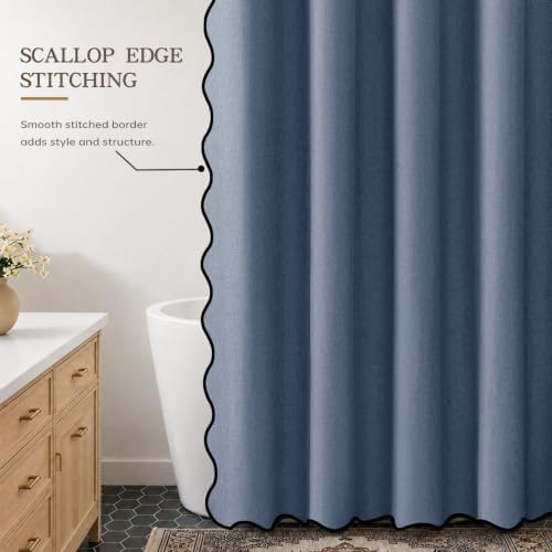 Furlinic Extra Long Scalloped Shower Curtain No Hook Fabric Navy Blue 72x96