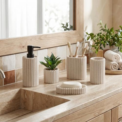 Bathroom Accessories Set,Sandstone Look Beige, Thick Stripe, 5 PCS