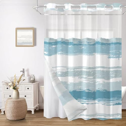 No Hook Shower Curtain with Liner, Cyan Stripe, 71x74 Inch