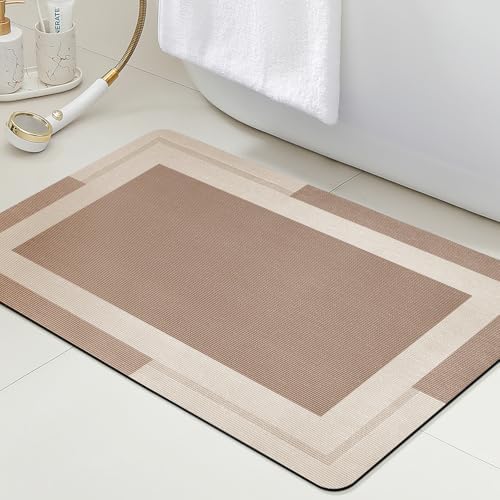 ACCUMTEK Non Slip Bath Mat, Thin Bathroom Rugs Fit Under Door, Quick Dry Bath Mats, Machine Washable Bath Rugs for Bathroom, Bathtub & Kitchen, Bathtub, Light Brown/Bordered/36 x24