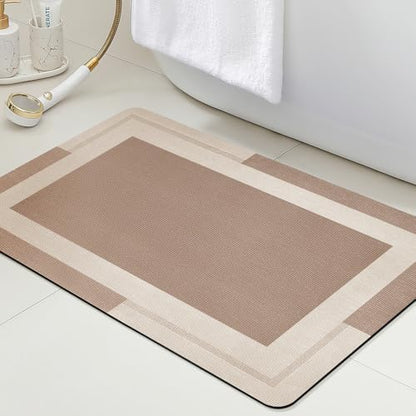 ACCUMTEK Non Slip Bath Mat, Thin Bathroom Rugs Fit Under Door, Quick Dry Bath Mats, Machine Washable Bath Rugs for Bathroom, Bathtub & Kitchen, Bathtub, Light Brown/Bordered/32 x20