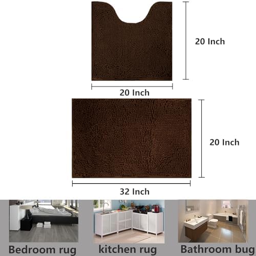 Bathroom Rugs Chenille, Extra Thick and Absorbent, Non-Slip, Machine Washable, Dry Quckily, Soft Cozy Plush, Used Under Shower Bathtub and Sink, Bath Mat Sets Coffee