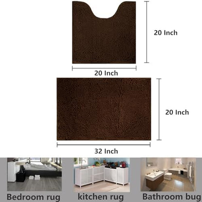 Bathroom Rugs Chenille, Extra Thick and Absorbent, Non-Slip, Machine Washable, Dry Quckily, Soft Cozy Plush, Used Under Shower Bathtub and Sink, Bath Mat Sets Coffee