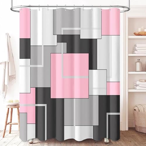 BTTN 36x72 Half Modern Geometric Waterproof Fabric Shower Curtain Set, Pink