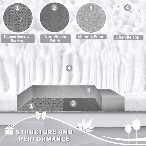 Yimobra Toilet Rugs U Shaped Washable, Extra Thick Soft Absorbent Chenille Contour Bathroom Rugs for Toilet 24x20 Inch, Quick Dry Non Slip Toilet Mat for Bath Floor, White