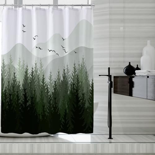 LLSCL Fabric Shower Curtain Liner with Magnets, Green Forest Waterproof Hotel Quality, 72 x 72 Machine Washable