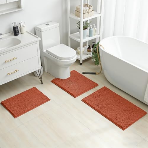 HOMEIDEAS Fall Bathroom Rugs Set of 3, Non Slip Bath Mat, Burnt Orange