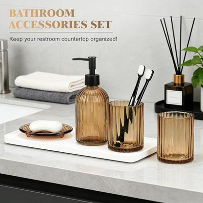 Glass Bathroom Accessories Set, 4Pcs Bathroom Accessories Sets Complete Lotion Soap Dispenser, Toothbrush Holder, Mouthwash Cup, Soap Dish for Bath Decor, Countertop Vanity Organizer (Amber)