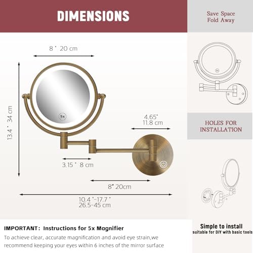 Makeup Mirror Wall Mounted with Lights, 5X Magnification, Antique Brass