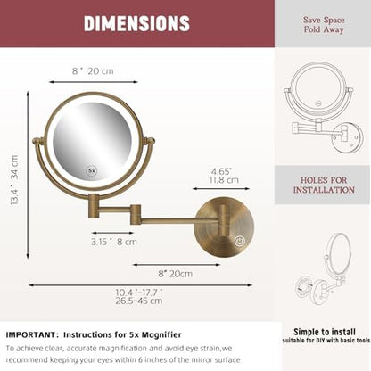 Makeup Mirror Wall Mounted with Lights, 5X Magnification, Antique Brass