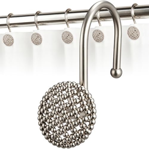 Pearlbee Nickel Shower Curtain Hooks,12pcs, Heavy Duty Rings for Shower Rod