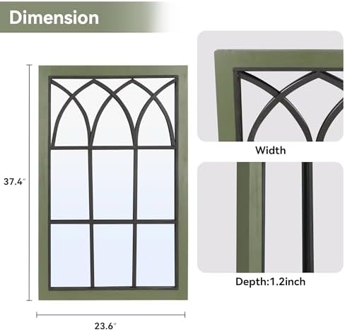 Retro Green Window Mirror for Wall Decor, Wood Frame Decorative Wall Mirror
