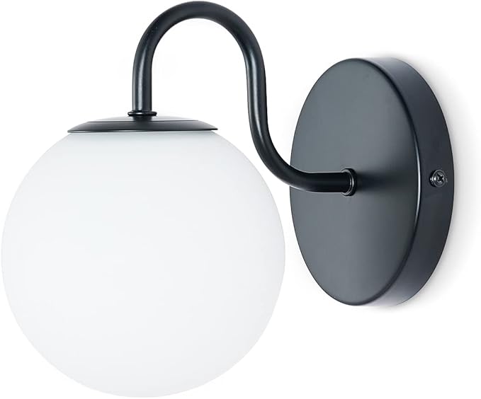 Industrial Bedroom Wall Sconce Black Indoor Wall Light Fixture Milk White Globe Glass Wall Lamp for Bathroom Kitchen Living Room Vanity Hallway (Exclude Bulb)
