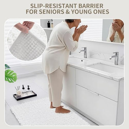 Bathroom Rugs Non Slip Washable 36x24, Extra Thick Soft Chenille Absorbent Bath Mat, High Density Barrier Non Slip Backing, Quick Dry Plush Shaggy Floor Carpet for Tub&Shower, White