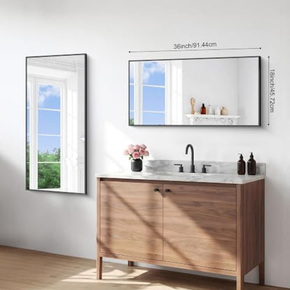 BONEWEI Bathroom Mirror,18x36 inch Wall Mirror for Bathroom Wall Mounted Black Rectangle Square Corner Mirrors,Black Bathroom Mirror for Living Room,Farmhouse,Bedroom Entryway,Horizontal/Vertical