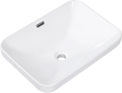 Bathroom Vessel Sink 20.6'' x 14.7'' Semi Recessed Bathroom Sink Rectangular Drop-in Vanity Sink with Overflow White Ceramic Modern Art Basin