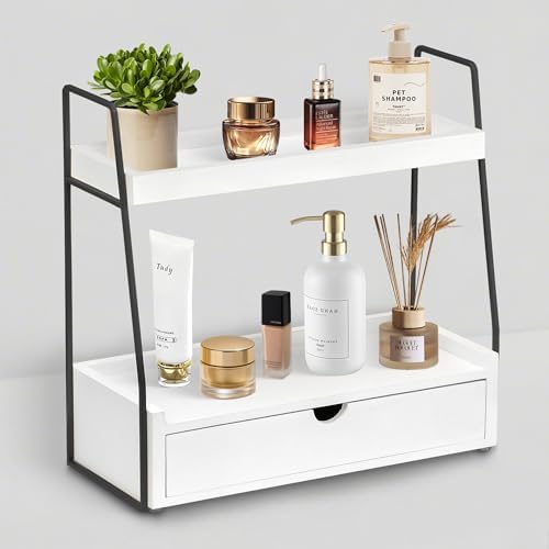 2-Tier Bathroom Countertop Organizer with Drawer, Wood Vanity Shelf White