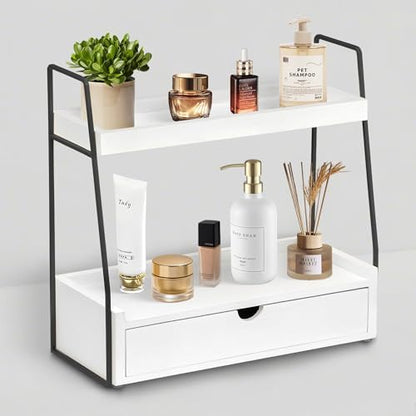 2-Tier Bathroom Countertop Organizer with Drawer, Wood Vanity Shelf White