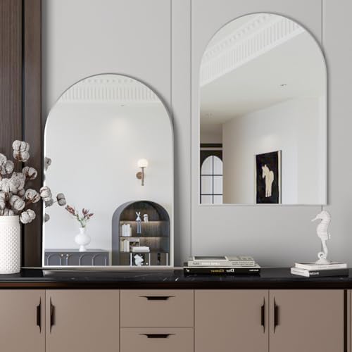 Wall Mounted Mirror, Arched Wall Mirror for Bathroom, 2 Pieces 24"x36" Arch Bathroom Mirror with Metal Frame, Silver Vanity Mirror Decor for Mantle, Bedroom, Entryway, Living Room