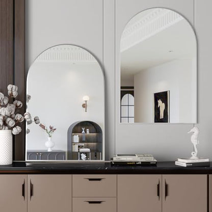 Wall Mounted Mirror, Arched Wall Mirror for Bathroom, 2 Pieces 24"x36" Arch Bathroom Mirror with Metal Frame, Silver Vanity Mirror Decor for Mantle, Bedroom, Entryway, Living Room