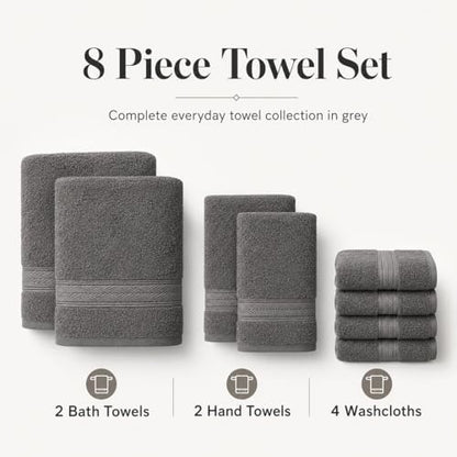 BIOLINEN Grey Towel Set 8 Piece Bathroom Set, 2 Bath Towels 2 Hand Towels 4 Washcloths, 100% Cotton Soft Absorbent Towel Sets for Bathroom, Gym, Spa