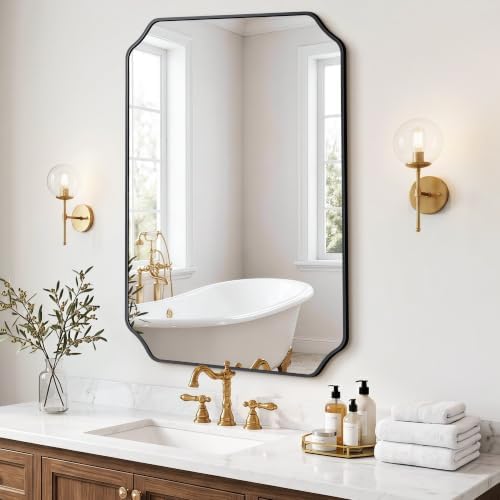 Vanity Bathroom Mirror, 28" x 40" Black Scalloped Mirror for Wall