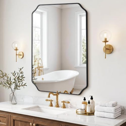 Vanity Bathroom Mirror, 28" x 40" Black Scalloped Mirror for Wall