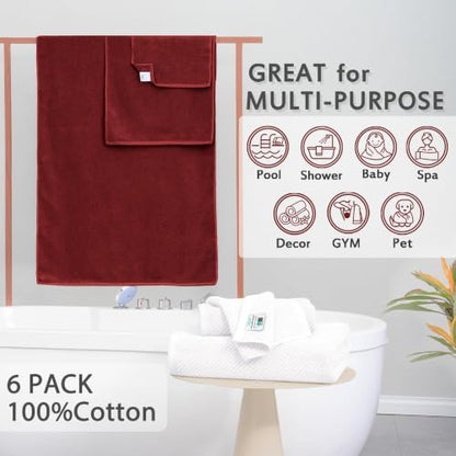 VOOVA & MOVAS 6PC Towel Set, 100% Cotton, Burgundy Red White