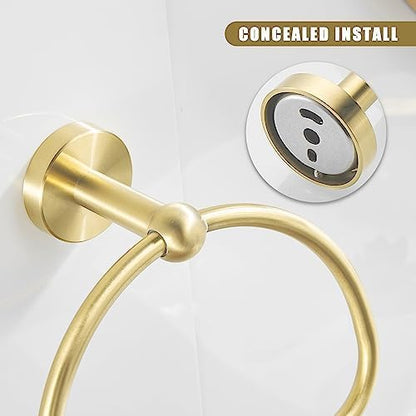 Leyden Toilet Paper Holder Towel Ring Brushed Gold Bathroom Hardware Hand Towel Holder Bathroom Accessories Set Wall Mount Stainless Steel 2 Pieces