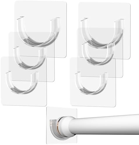 6 Pack Shower Rod Holders No Drilling, Adhesive Curtain Rod Brackets for Wall, Strong Tension Rod Holder Up to 30 lbs, Waterproof for Tile Marble Painted, Apartments Dorms (Rod Not Included)