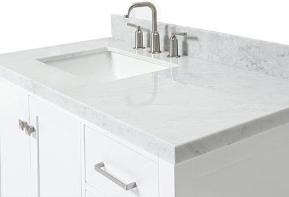 ARIEL Cambridge 42-inch Bathroom Vanity with Sink,Solid Wood, 1.5-inch Italian Carrara Marble Countertop, Single Rectangular Porcelain Sink, 2 Soft Closing Doors, 5 Dovetail Drawers, White