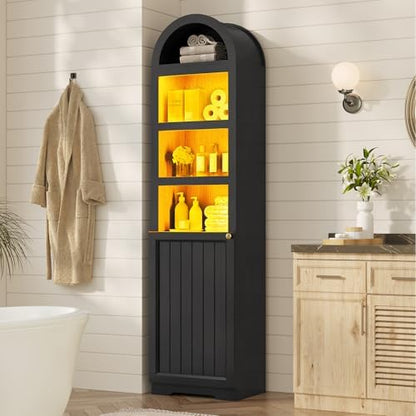 UPOSOJA 72" Tall Arched Narrow Bathroom Storage Cabinet with Lights, Slim Storage Cabinet with Adjustable Shelves for Small Spaces, Farmhouse Style (Black)