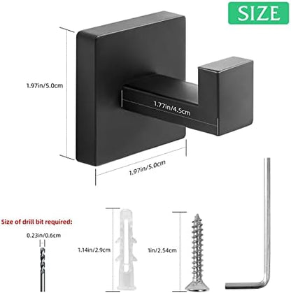 Heavy Duty Stainless Steel Towel Hooks, Wall Mounted Square Robe Hooks for Bathroom, Kitchen, Bedroom, Hotel Matte Black 2 Pack