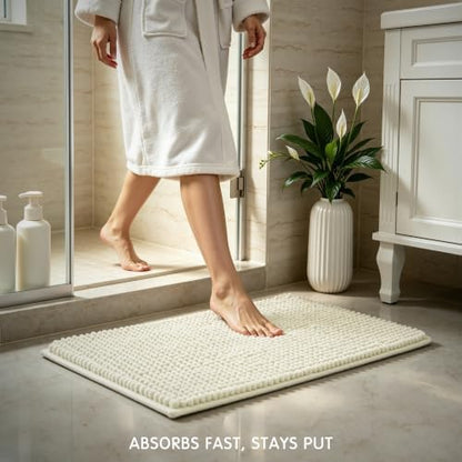 SUBRTEX Bathroom Rugs, 20" x 32" Chenille Bath Rug Soft Short Plush Bath Mat Soft Shower Mat Water Absorbent Shower Mat Quick Dry Machine Washable, Cream White