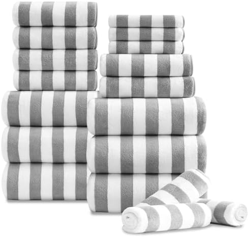18 Pcs Light Gray Stripe Bath Towel Set with Hanging Loop-6 Bath Towels,6 Hand Towels,6 Washcloths Soft Family Towels Set Bathroom Towel Highly Absorbent Quick Dry Shower Towel for Beach Spa Gym Hotel