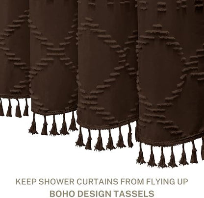 Boho Brown Shower Curtain Woven Fabric Shower Curtain 72 x 72 Tufted Chevron Striped Shabby Chic Textured, Modern Farmhouse Minimalist, Water Resistant Curtain Set for Bathroom, Hotel Decor