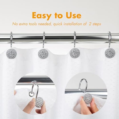 Pearlbee Chrome Shower Curtain Hooks, Round Beaded Design 12Pcs Zinc Alloy