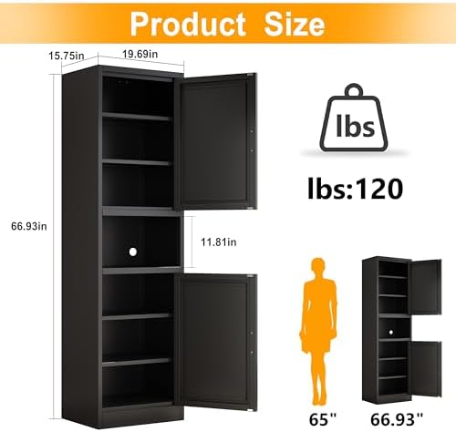 Ckzbx Tall Narrow Storage Cabinet 66.93" H Tall Bathroom Cabinet Metal Pantry Cabinets, 4 Adjustable Shelves for Kitchen, Home Office, Living Room, Dinning Room (20 inches Wide Black)
