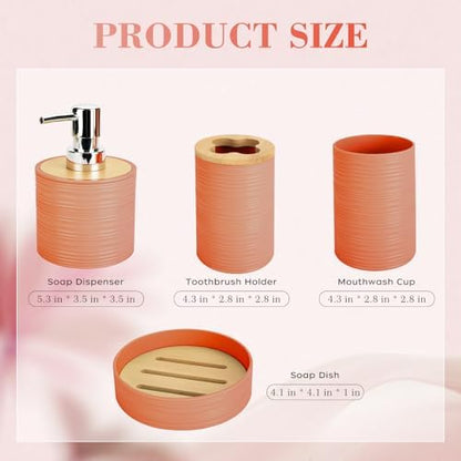 4PCS Orange Bathroom Set, Soap Dispenser, Dish & Bamboo Holder, Rustic