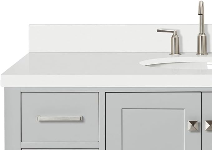 ARIEL Cambridge 48-inch Bathroom Vanity with Sink,Solid Wood, 1.5-inch Pure White Quartz Countertop & Backsplash, Single Oval Porcelain Sink, 2 Soft Closing Doors, 9 Dovetail Drawers, Grey