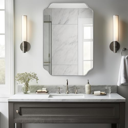 MIRRORART 24x36'' Chrome Bathroom Mirrors for Wall | Scalloped Wall Mirror
