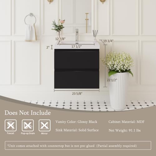 KEIKI 24'' Wall-Mounted Bathroom Vanity with Sink - Floating Design, 2 Soft-Close Drawers & Resin Basin, Space-Saving for Small Bathrooms, Glossy Black
