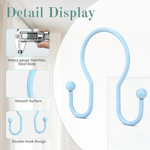 Goowin Shower Curtain Hooks, 12 Pcs Shower Curtain Rings, Stainless Steel Shower Curtain Hangers, Metal Shower Curtain Hooks Rings Rust Proof, Minimalist Shower Hooks for Shower Curtain, Blue
