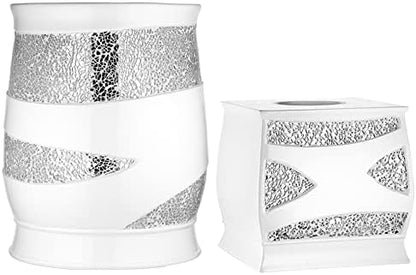 Zahari Home 2pc Sinatra White Modern Bath Accessories Set Waste Basket & Tissue Box Modern Decorative Beautiful Designs Bathroom Decor Set for Home Luxury Bath Set Mosaic Glass