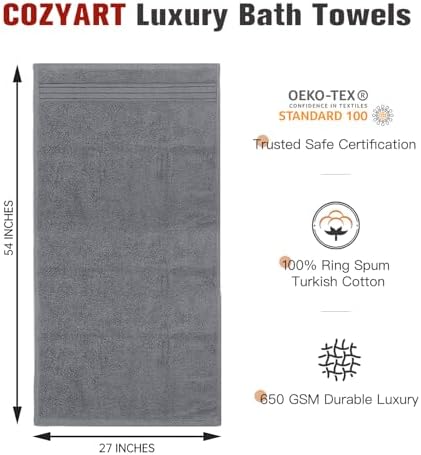 COZYART Luxury Bath Towels 4 PCS, 27x54 650 GSM Turkish Cotton, Grey