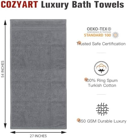 COZYART Luxury Bath Towels 4 PCS, 27x54 650 GSM Turkish Cotton, Grey