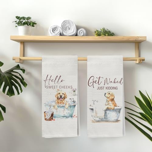 Funny Golden Retriever Hand Towels, Hello Sweet Cheeks Bathroom Decor, Golden Retriever Gifts Decorative Hand Towels for Bathroom Washroom Restroom, 16x24 Inch Set of 2