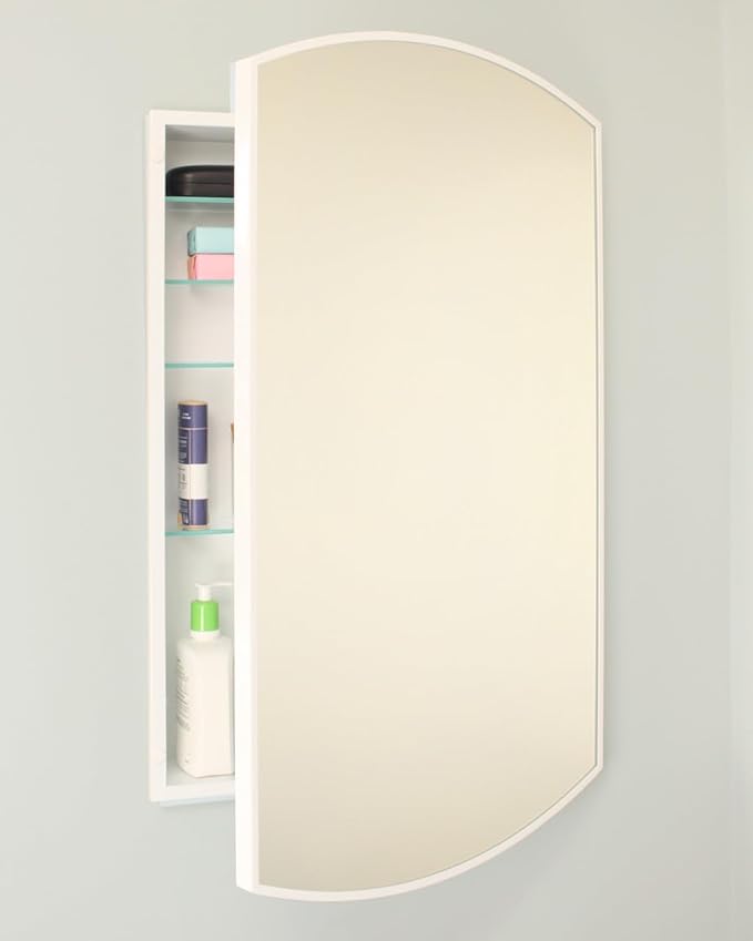 Fox Hollow Furnishings 20x30 Harper Crescent Metal Framed Rectangle Recessed Bathroom Medicine Cabinet, Arced Mirror, 14x18 in-Wall Opening, Adjustable Glass Shelves, Magnet Close, White