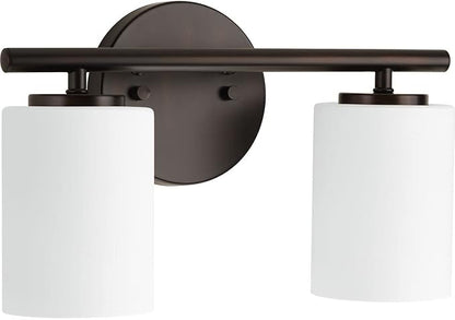 Progress Lighting Replay Collection 2 Light Bathroom Vanity Light, Modern Bath Lighting Fixture with Etched White Glass Shades for Over The Mirror, Reversible Mounting, Antique Bronze