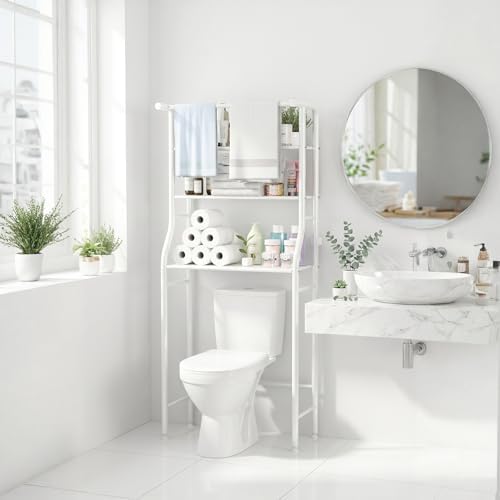 UDEAR 3-Tier Over The Toilet Rack,with Hanging Rod,Tower Shelf,White
